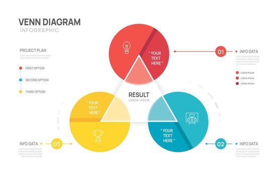Venn diagram infographic triangle circle chart template business 2,4,5 parts options, presentation with icons illustration. vector