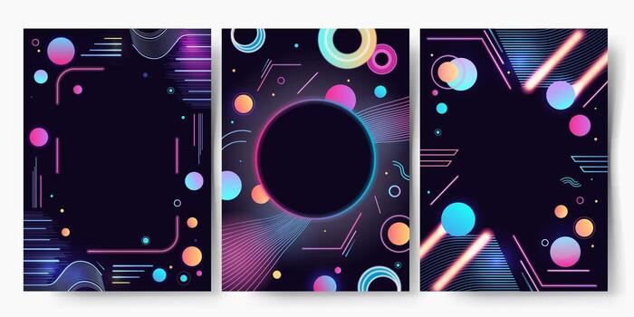 Set of abstract frames with neon shapes. Dark background with space for text. Bright geometric futuristic template. vector