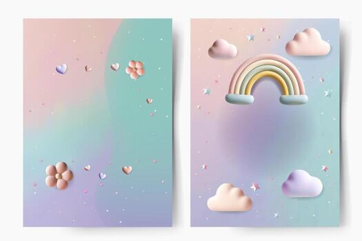 Backgrounds in pastel tones. Soft gradient with empty space for text. Realistic 3d flowers, clouds, rainbow. Cute festive template vector