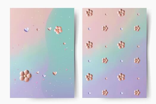 Set of pattern and frame in pastel tones. Soft gradient with empty space, cute flowers. For greetings, cards, invitations and baby shower. Templates vector