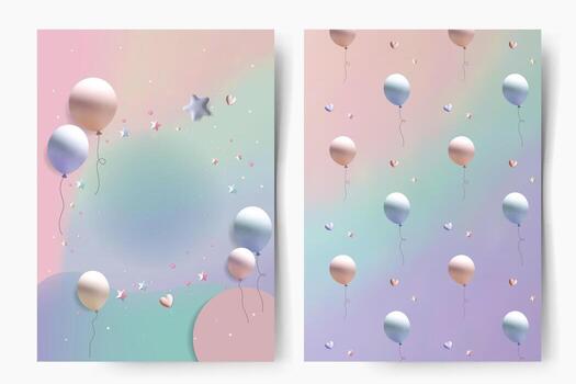 Set of pattern and frame in pastel tones. Soft gradient with empty space, cute balloons. For birthday cards, invitations and baby shower. Templates vector