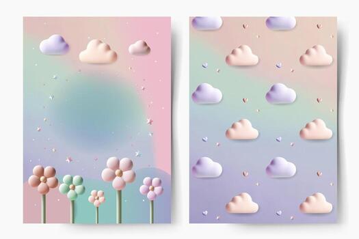 Set of pattern and frame in pastel tones. Soft gradient with empty space, cute clouds. For birthday cards, invitations and baby shower. Templates vector