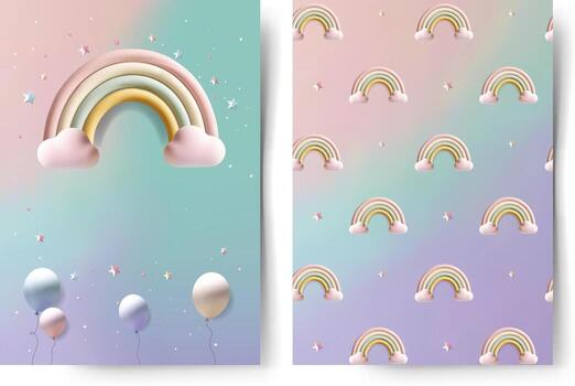 Set of pattern and frame in pastel tones. Soft gradient with empty space, cute rainbow. For birthday cards, invitations and baby shower. Templates vector