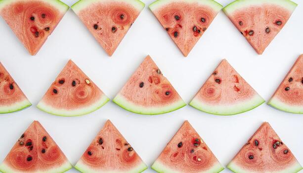 Slices of watermelon flat lay on white background with copy space, perfect for summer fruit photography, healthy eating themes, refreshing snack concepts, and seasonal design projects. photo