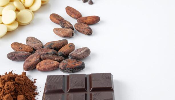 Chocolate ingredients flat lay on white background featuring cocoa beans, chocolate pieces, and raw materials, ideal for food photography, recipe design, baking themes, and gourmet branding projects. photo