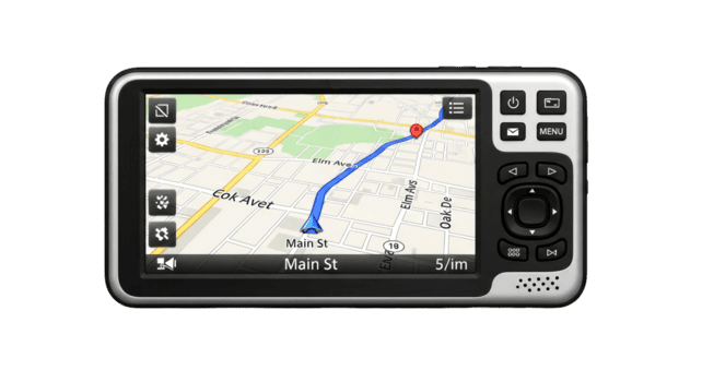 portatile GPS navigazione dispositivo con touch screen Schermo mostrando strada carta geografica itinerario e distanza png