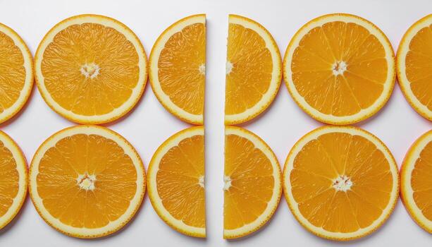 Orange fruit slices flat lay on white background with copy space, perfect for healthy eating concepts, fruit photography, summer themes, and nutrition design projects. photo