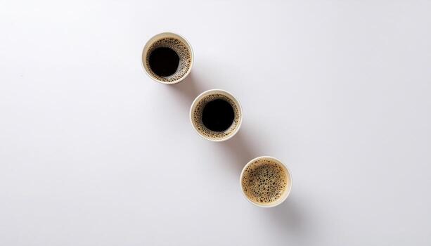 Set of paper takeaway cups with different black coffee flat lay on white background with copy space, perfect for beverage themes, coffee shop branding, takeaway drink concepts, and lifestyle projects photo