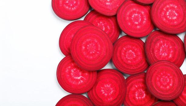 Beetroot slices flat lay on white background with copy space, perfect for healthy eating concepts, vegetarian recipes, nutrition themes, and food photography projects. photo