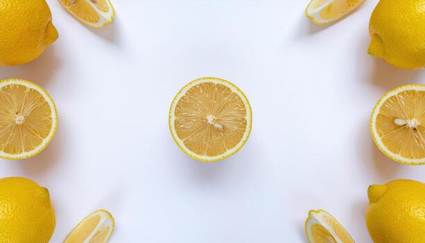 Ripe lemon with slices flat lay on white background with copy space, perfect for healthy eating concepts, citrus fruit themes, food photography, and nutrition projects. photo