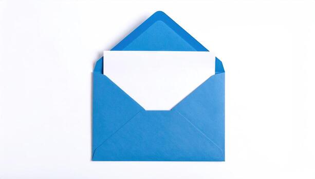 Opened blue paper envelope mockup with paper sheet flat lay on white background with copy space, perfect for stationery design, branding presentations, invitation templates, business correspondence photo