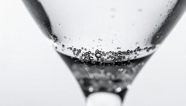 Macro close up of champagne flute rim with bubbles and copy space background, suitable for celebration themes, festive party visuals, holiday events, luxury beverage concepts, and sparkling wine photo