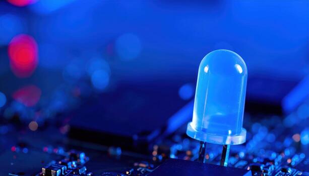 Macro close up of a circuit board with glowing LED and blurred copy space background, perfect for technology themes, electronics projects, innovation concepts, hardware design, and digital engineering photo