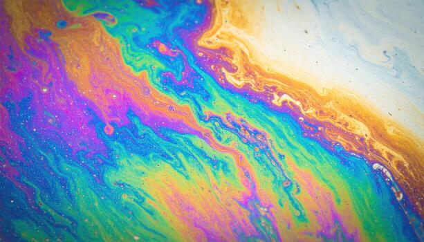 Macro close up of rainbow oil spill pattern with copy space background, ideal for abstract design themes, chemical surface studies, pollution visuals, colorful texture projects, and artistic detail . photo