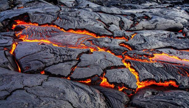 Close up of flowing lava cracks with copy space background, perfect for geology themes, volcanic activity concepts, natural disaster visuals, earth science studies, and dramatic texture design project photo