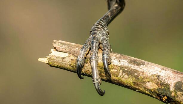 Macro close up of a bird claw gripping a branch with copy space background, perfect for wildlife photography, animal anatomy studies, raptor detail projects, nature observation, and environmental photo