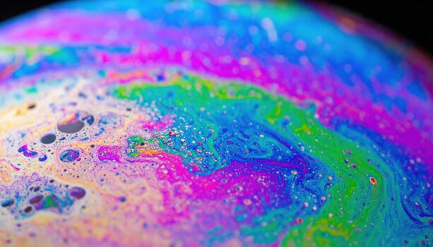 Close up photo of soap bubbles showing rainbow patterns, highlighting colorful surface detail, abstract texture, light reflection, playful atmosphere, and creative design concept.