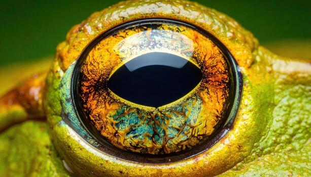 Close up macro photo of a frog eye detail on green background, highlighting wildlife, reptile texture, natural pattern, biodiversity, and exotic animal photography concept.