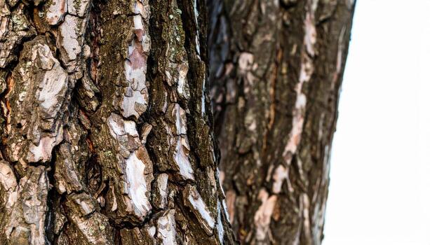 Close up of cracked tree bark texture with copy space background, ideal for natural patterns, rustic design projects, forestry themes, environmental concepts, and organic texture studies. photo