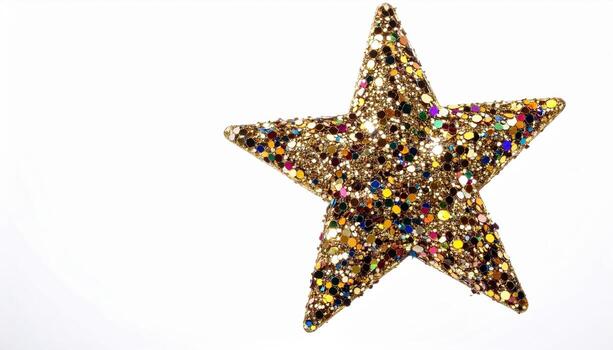 Macro close up of New Year confetti star with copy space background, perfect for holiday celebration themes, festive party projects, seasonal decoration visuals, sparkling ornament design, New Year photo