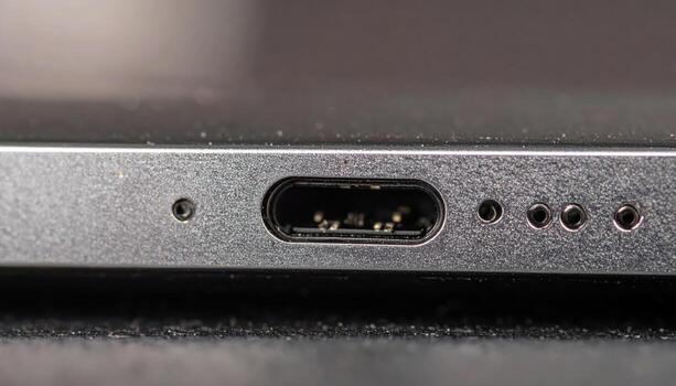 Macro close up of a tablet charging port detail with blurred copy space background, suitable for technology themes, digital device concepts, connectivity visuals, electronics design, and modern photo