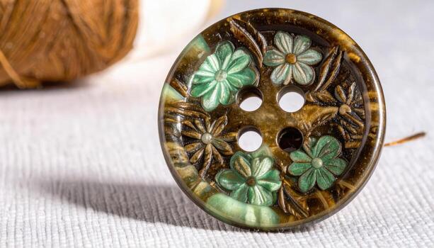 Macro close up of sewing button detail with blurred copy space background, suitable for fashion themes, textile projects, clothing design visuals, tailoring concepts, and craft detail photography. photo