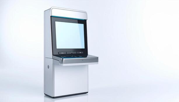 Close up of a futuristic payment terminal with copy space background, suitable for fintech themes, digital transaction concepts, contactless technology, modern retail design, and cashless economy . photo