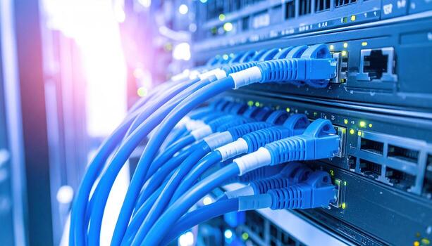 Macro photo of server cables connected in data center, highlighting network infrastructure, IT technology, digital communication, cloud computing, and cybersecurity concept.