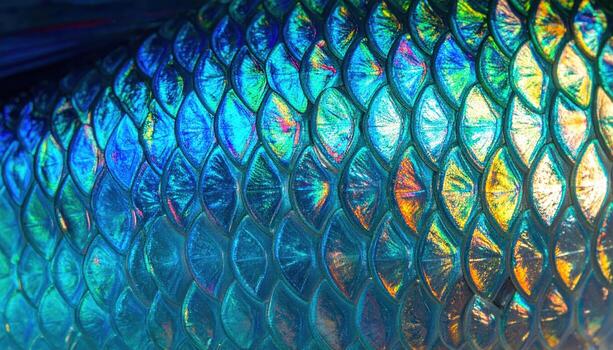 Close up of fish scales shimmering with copy space background, ideal for marine biology themes, seafood concepts, natural texture studies, aquatic life visuals, and abstract design projects. photo