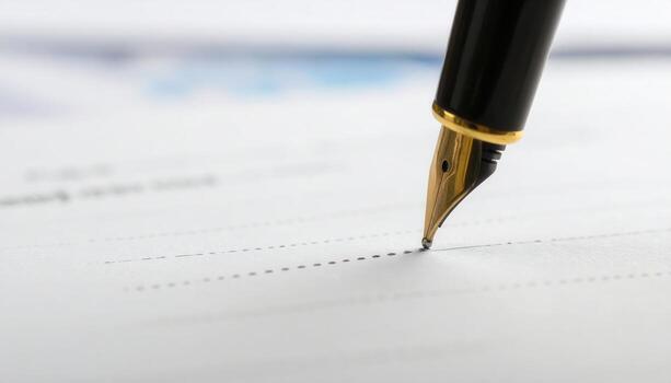 Close up of a pen tip signing a dotted line with copy space background, perfect for business themes, legal contract visuals, agreement concepts, office work, and signature design projects. photo