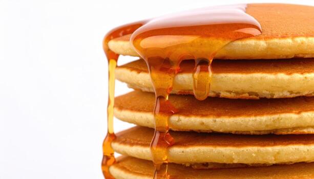 Close up of a pancake stack with syrup dripping and copy space background, perfect for breakfast themes, sweet dessert visuals, food photography, homemade cooking projects, and culinary lifestyle . photo