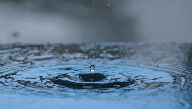 Macro close up of raindrop hitting puddle ripple with copy space background, perfect for weather themes, water texture projects, nature detail visuals, rainy day concepts, and abstract ripple design. photo