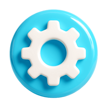 un' 3d interpretazione di un' bianca Ingranaggio icona su un' blu circolare pulsante isolato su trasparente sfondo png