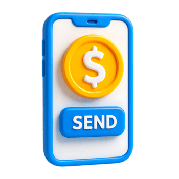 3d render of a smartphone with a send button and dollar coin, representing mobile payments, isolated on transparent background png