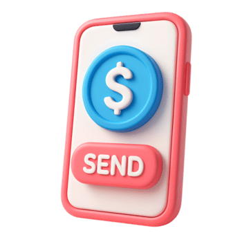 3d illustration of a mobile phone with a dollar coin and send button, isolated on transparent background png