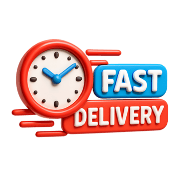 A red clock with blue hands and fast delivery text, indicating speed and efficiency, isolated on transparent background png
