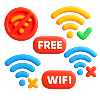 Collection of 3d wifi icons showing different connection statuses and options, isolated on transparent background png