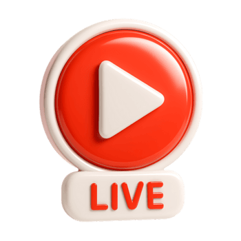 Red live play button with a white triangle symbol isolated on transparent background png