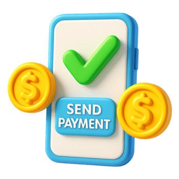 3d illustration of a smartphone with a send payment button, a green checkmark, and gold coins, isolated on transparent background png