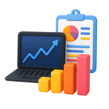 3d o negócio analytics ícone com computador portátil mostrando crescimento gráfico, prancheta relatório, e colorida Barra gráfico isolado em transparente fundo png