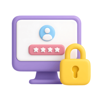 3d cartone animato accesso schermo icona con utente simbolo, parola d'ordine campo, e giallo sicurezza lucchetto isolato su trasparente sfondo png