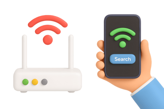 3D cartoon hand holding smartphone with search button and green wifi symbol next to white wireless router with red signal isolated on transparent background png