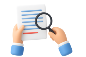 3D cartoon hands holding paper document with magnifying glass examining blue and red text lines isolated on transparent background png