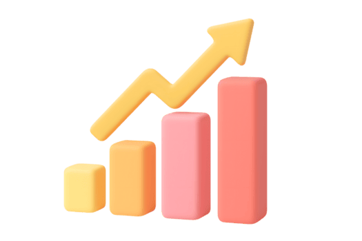 3d vistoso bar gráfico icono con creciente amarillo flecha y cuatro vertical bloques, aislado en transparente antecedentes png