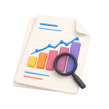 3D data analysis report icon, white paper with colorful bar chart, line graph and magnifying glass, isolated on transparent background png