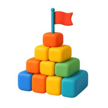 3D colorful pyramid icon with stacked square blocks and red flag isolated on transparent background png