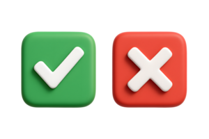 3D green check mark icon and red cross icon representing approval and rejection symbols isolated on transparent background png