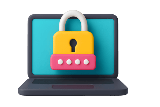 3d il computer portatile con giallo lucchetto e parola d'ordine pulsanti che rappresentano in linea sicurezza e dati protezione, isolato su trasparente sfondo png