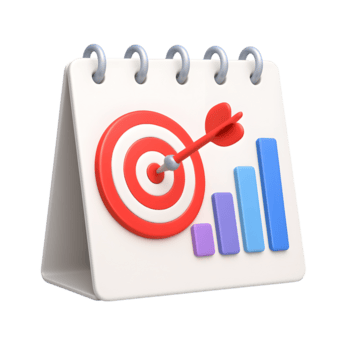 3d illustrazione di un' attività commerciale calendario con bullseye obbiettivo, dardo, e colorato bar grafico mostrando crescita e successo isolato su trasparente sfondo png