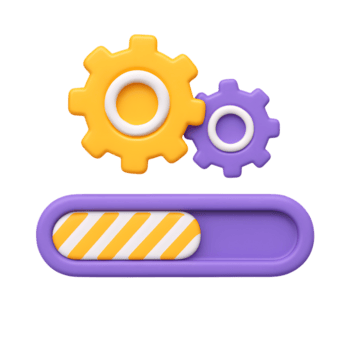 3d mekanisk framsteg bar ikon med gul och lila växlar, läser in gränssnitt element isolerat på transparent bakgrund png